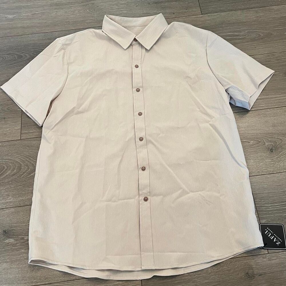 Zaful NWT Mens L Beige Short Sleeve Button Up Shirt Textured Cream Summer Casual
